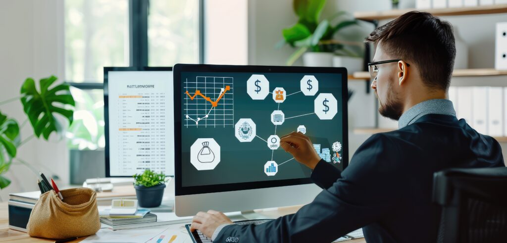 a man is sitting at a desk with a computer screen showing graphs and charts