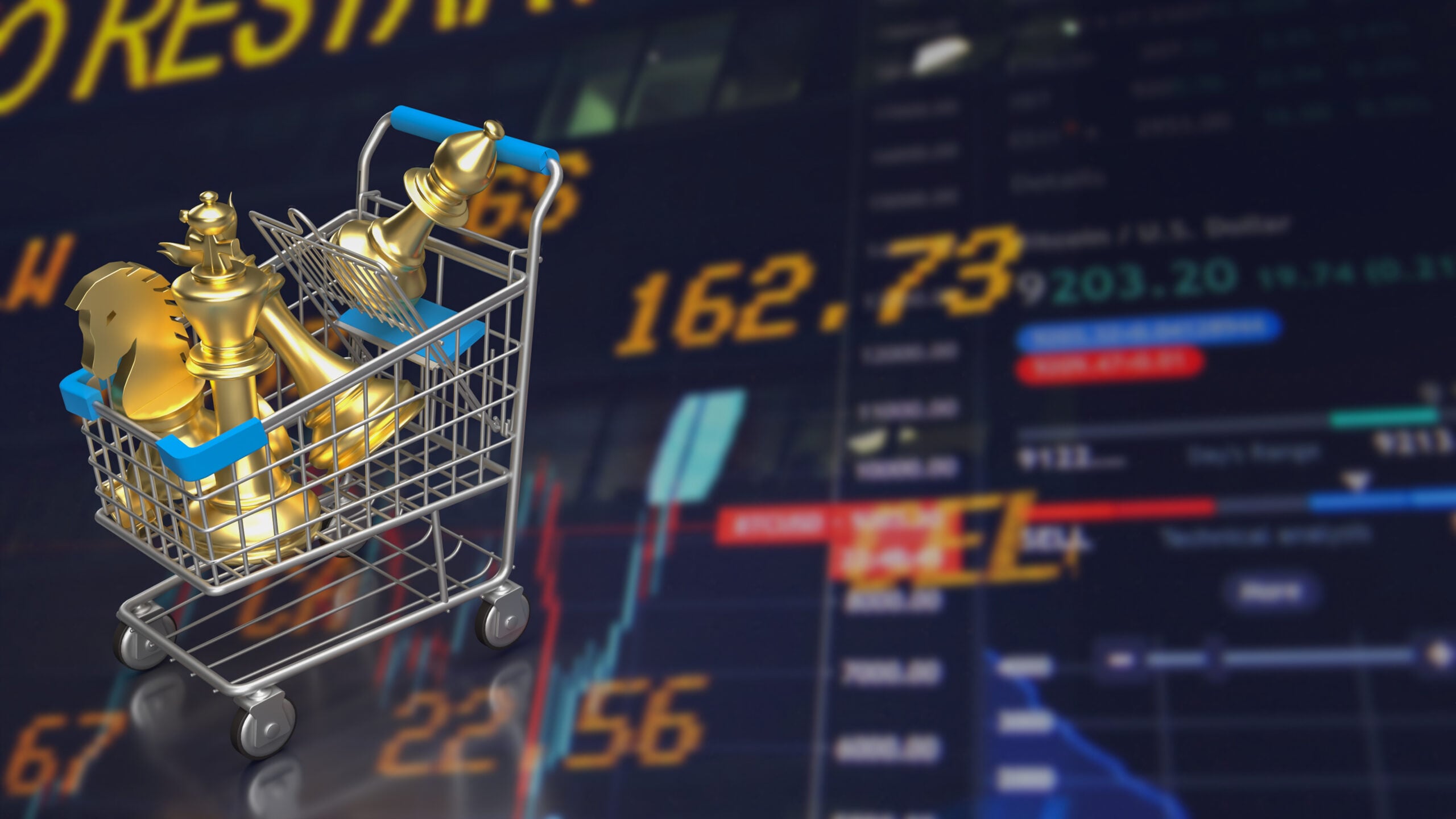 The gold chess in shopping cart on Business Background 3d rendering