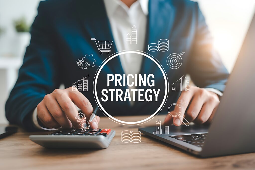 Businessman calculating pricing strategy with digital icons calculation finance