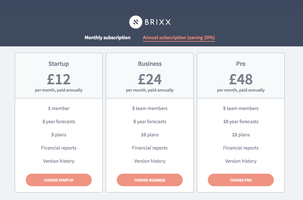Brixx financial forecasting software pricing and upgrade options