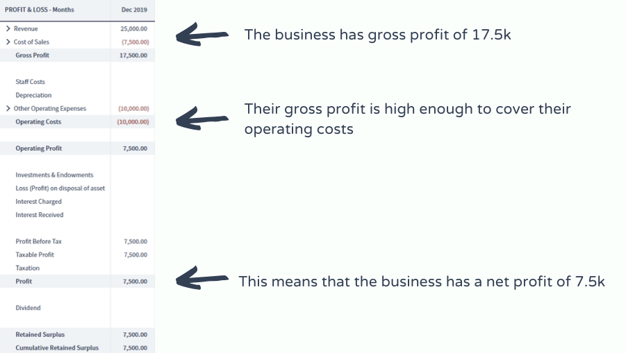 A screenshot of an example of a profit and loss report for the gross profit vs net profit blog post by Brixx Software
