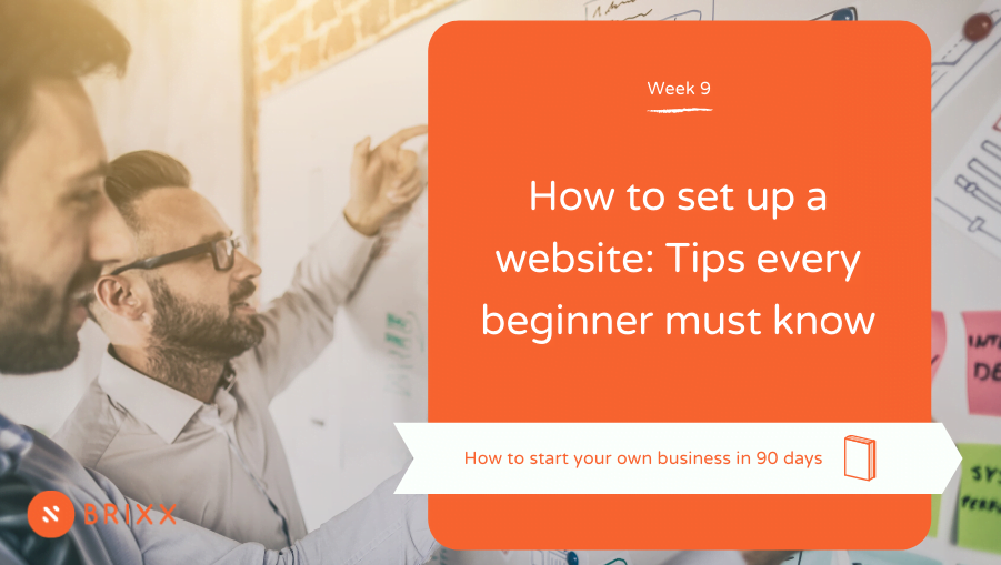 Orange box with white text reading "how to set up a website: tips every beginner must know"