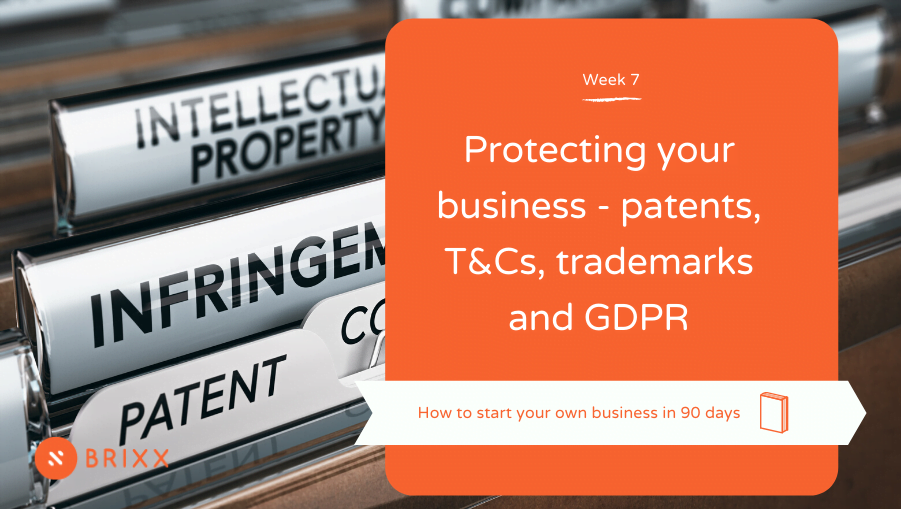 files with IP, infringement, patent. Orange cover with text reading "protecting your business - patents, T&Cs, trademarks and GDPR
