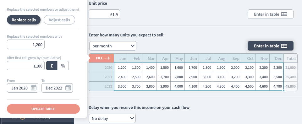 Quickly filling a table with numbers