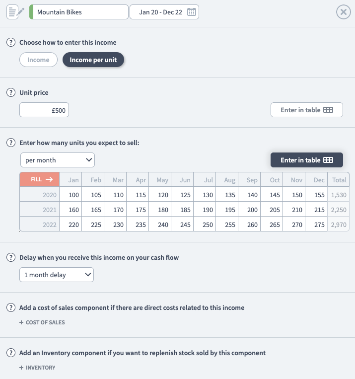 income set up options