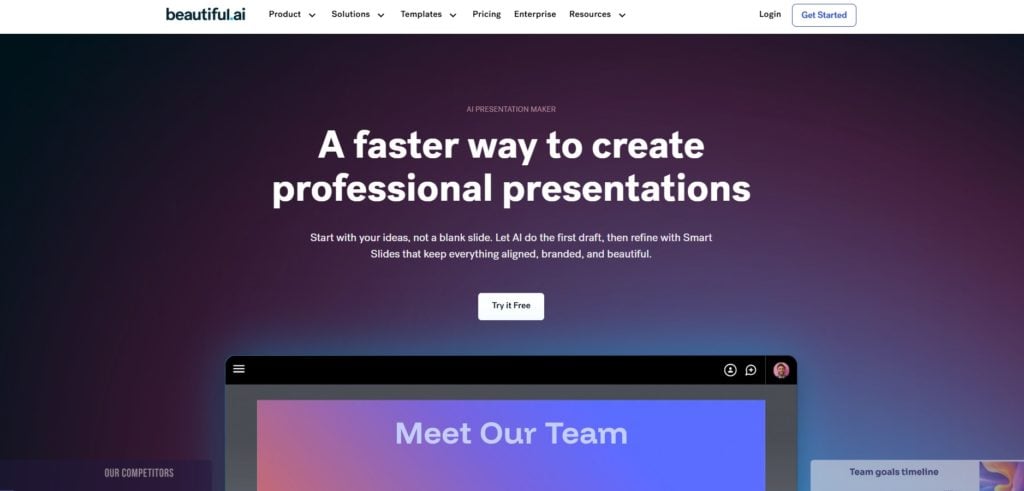 Beautiful.ai Home Page for AI Tools