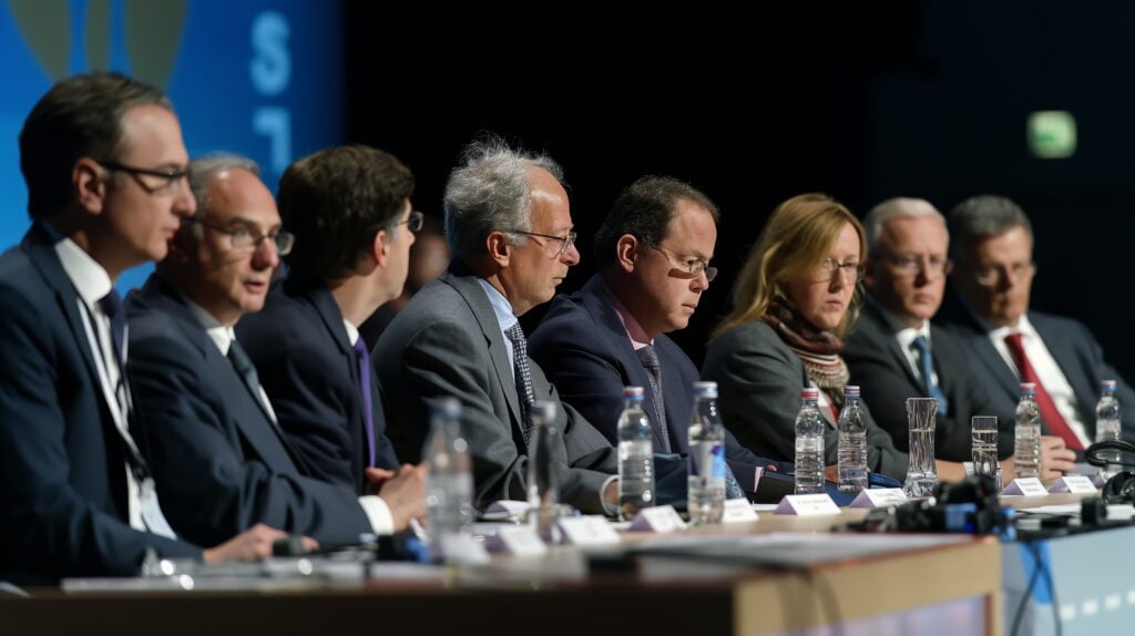 Economic forum discussing emerging markets and investment opportunities where financial experts share insights on potential risks and rewards in untapped regions of world