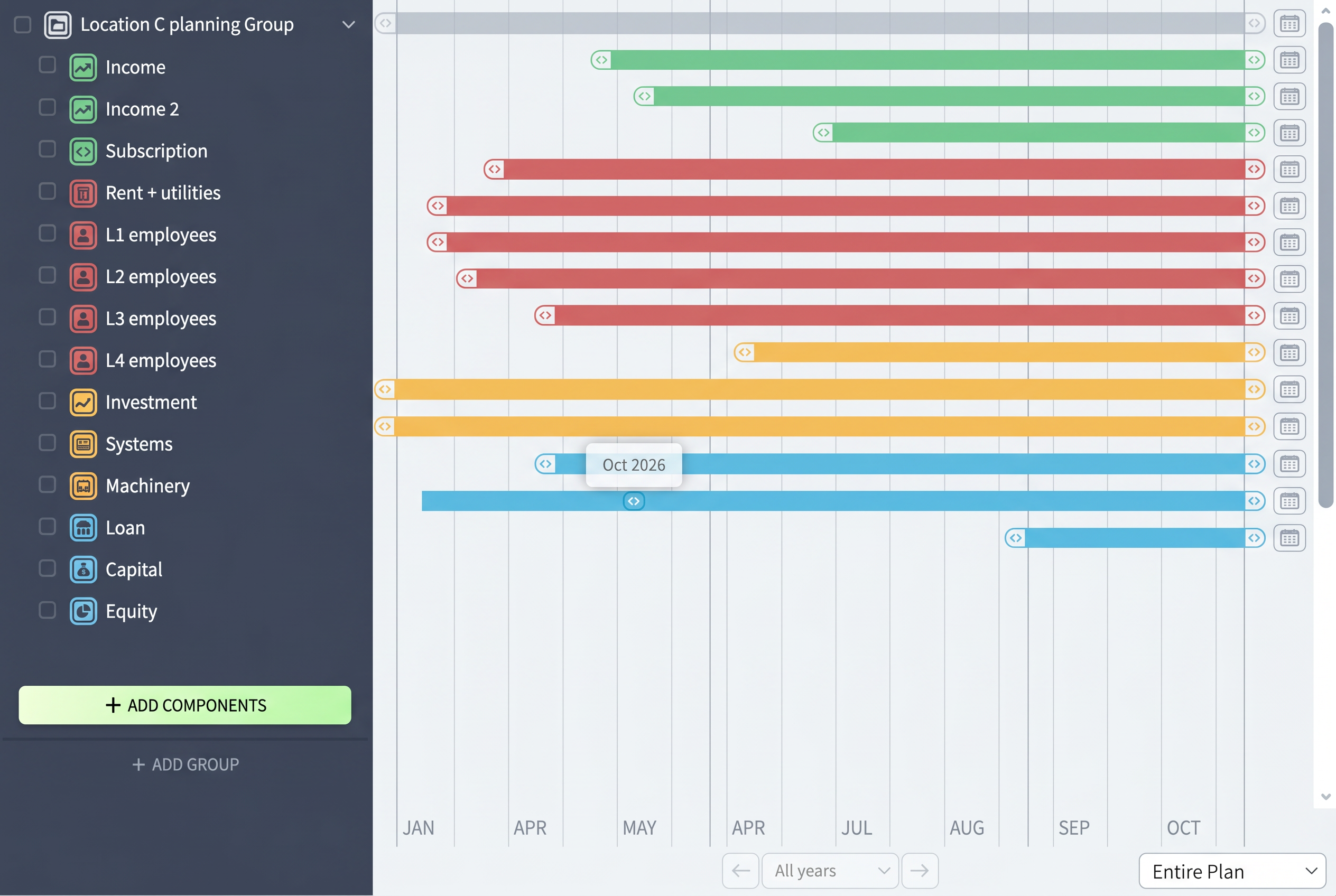 Project timeline for Brixx financial planning software with various components.