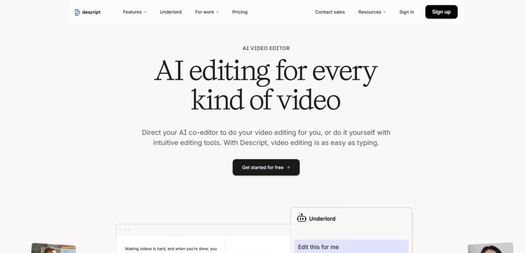 Descript Home Page for AI Tools