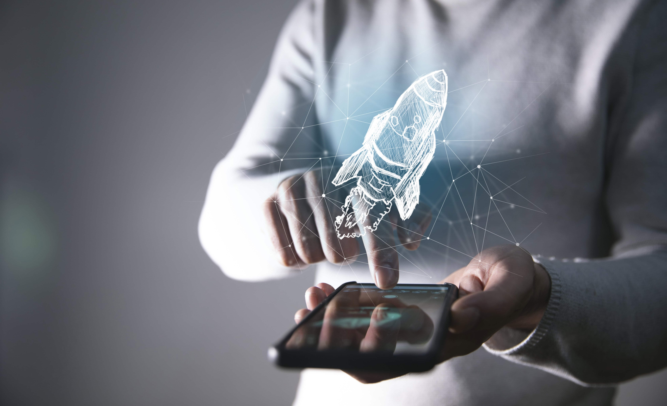 Rocket hologram, digital technology, innovation, smartphone, futuristic.