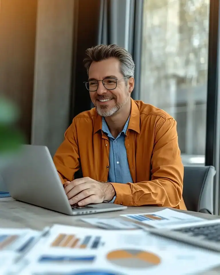 Professional man working on a laptop in a modern office setting.