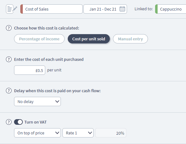 cash flow forecasting cost of sales