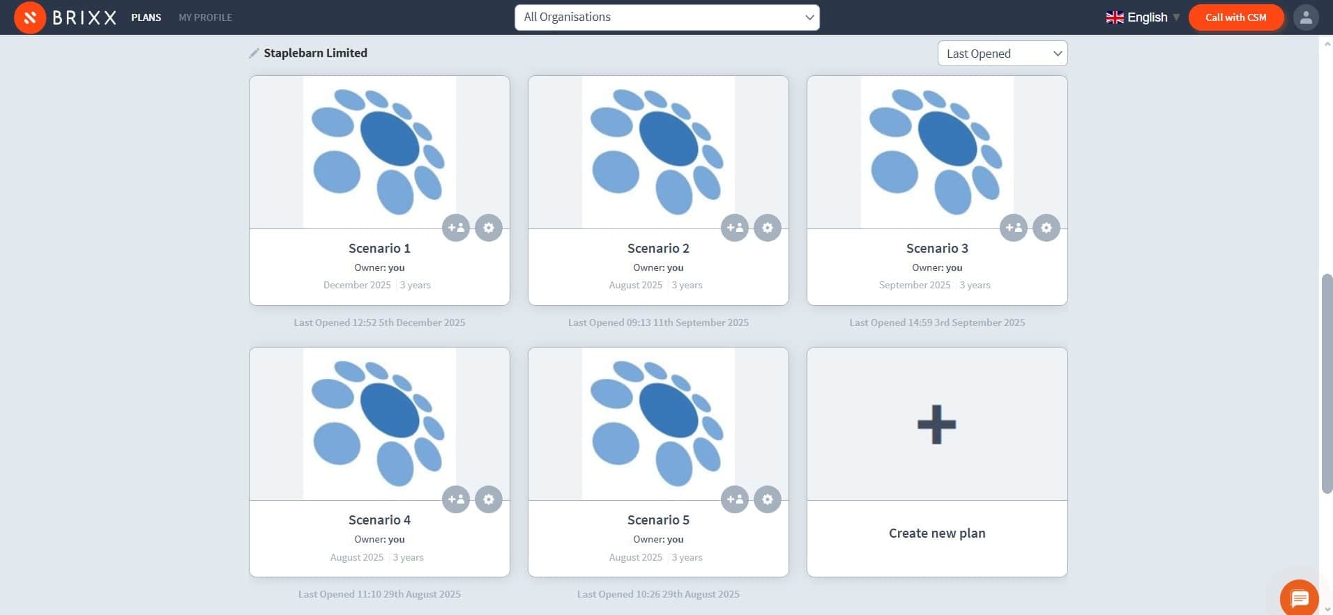 Brixx business planning software interface with multiple scenarios and planning options.
