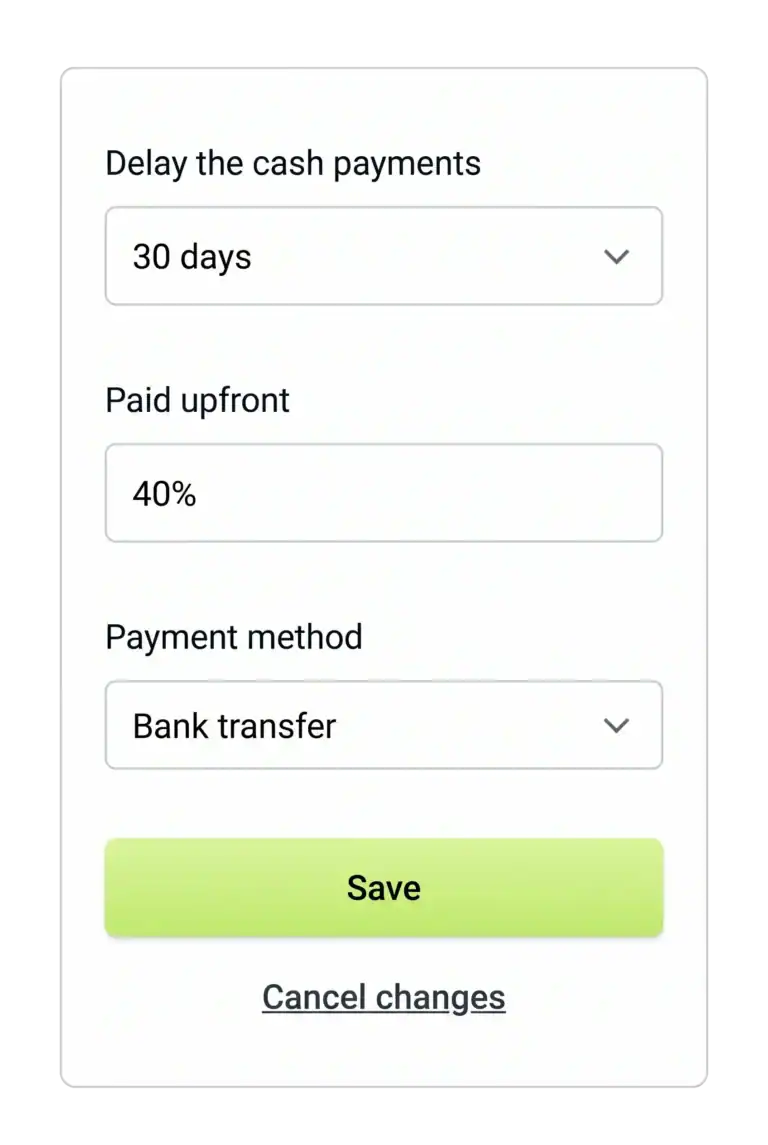 Brixx payment-timing settings delaying cash payments by 30 days, with 40% paid upfront by bank transfer.