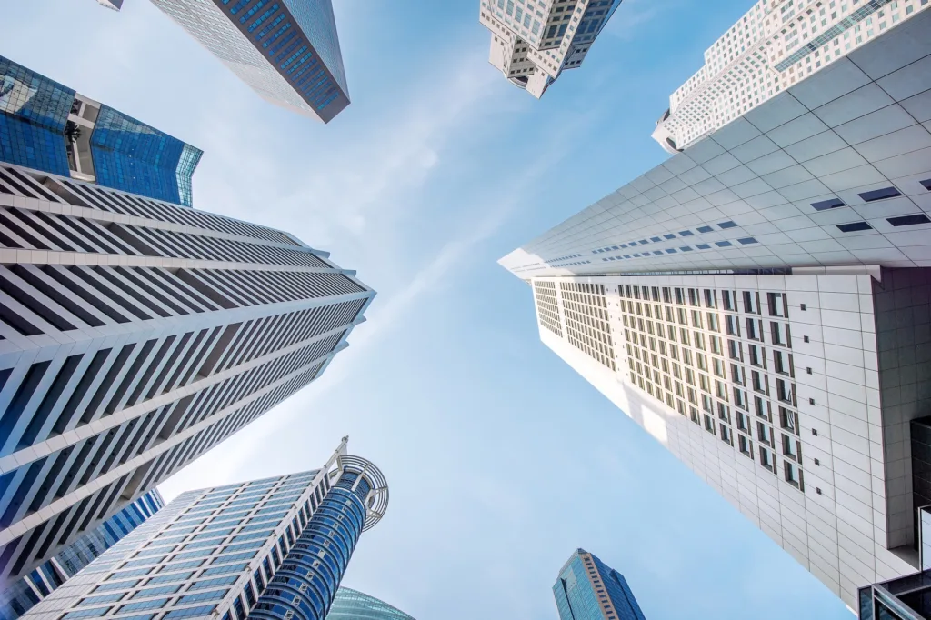 Skyscrapers and high-rise buildings in an urban cityscape, showcasing modern architecture and city d.