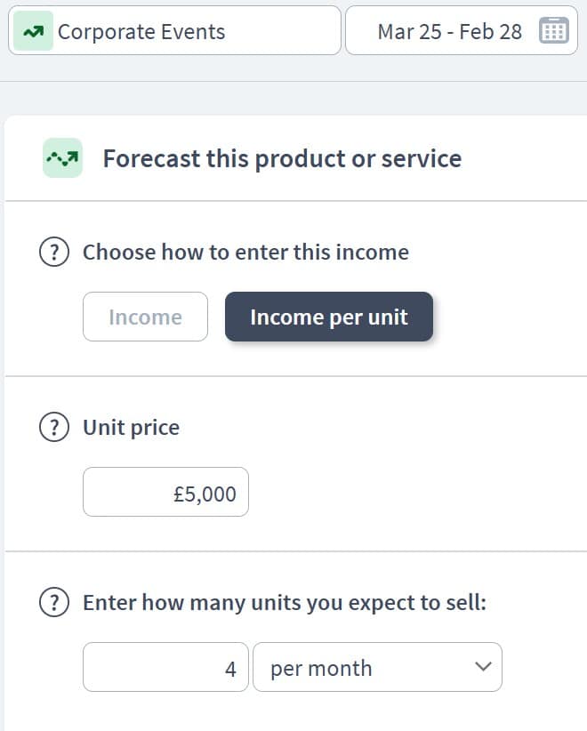event planners income component example