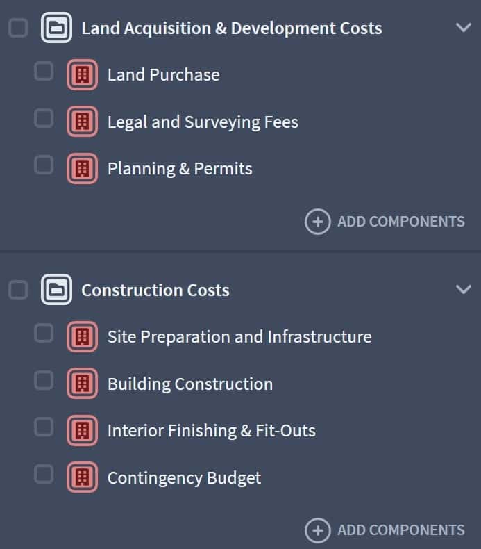 real estate developer expenditure components example 1