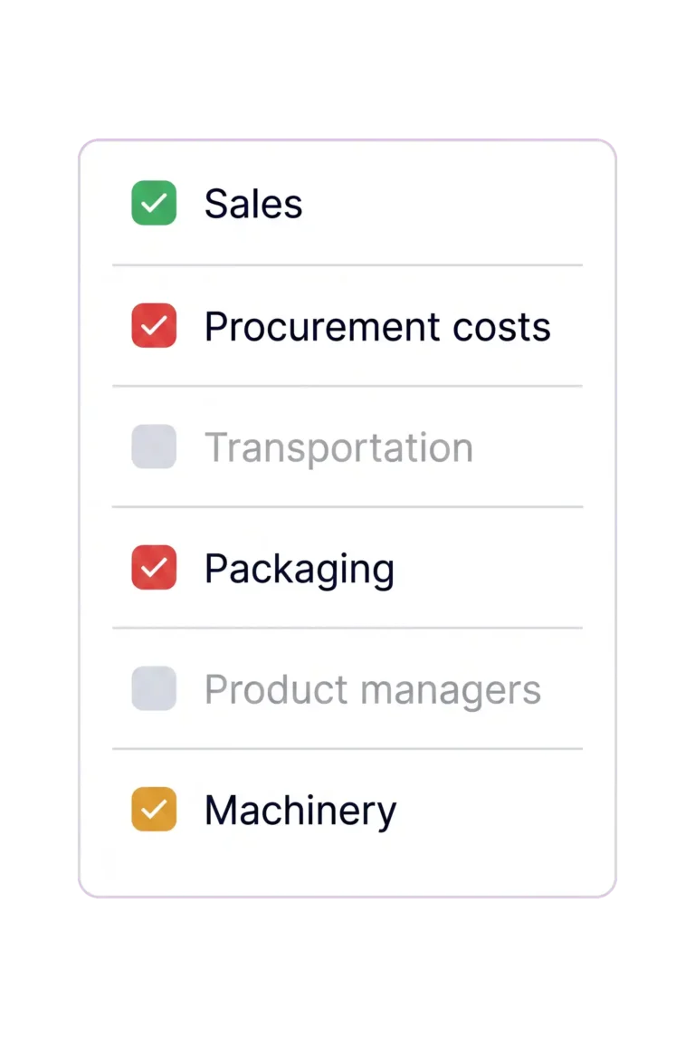 Brixx what-if component list toggling Sales, Procurement, Packaging and Machinery on, Transportation and Product managers off.