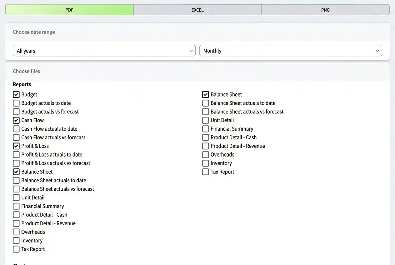 Financial report interface showing options for reports and date range selection.