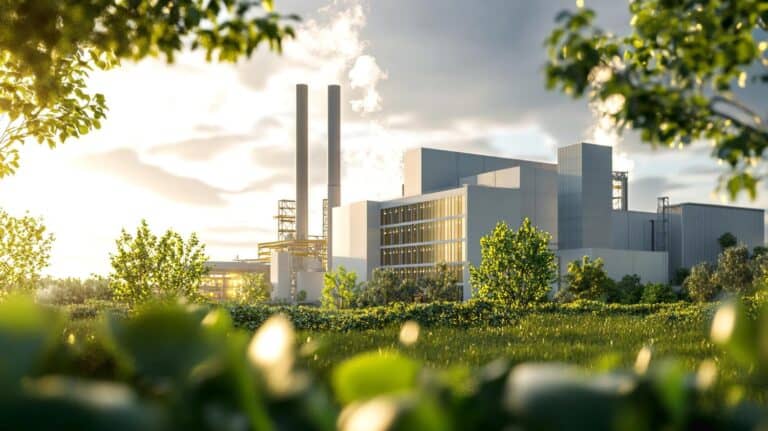 Industrial factory with modern buildings and smokestacks.